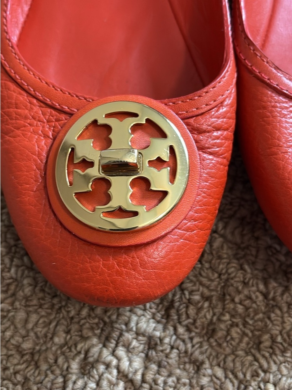 Tory Burch Coral-Orange Leather Logo Ballet Flats size 8
